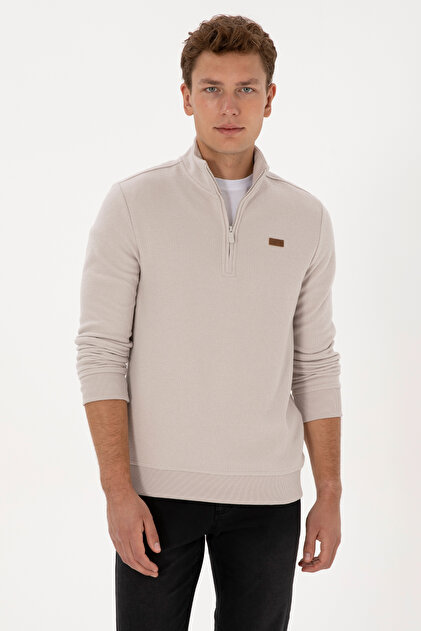 Erkek Regular Fit Yarım Fermuarlı Şardonlu Polo Yaka Taş Basic Sweatshirt 50313802-VR049