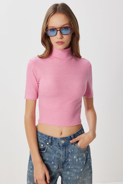 Dik Yaka Crop Fitilli Örme Bluz LUB0295 PEMBE