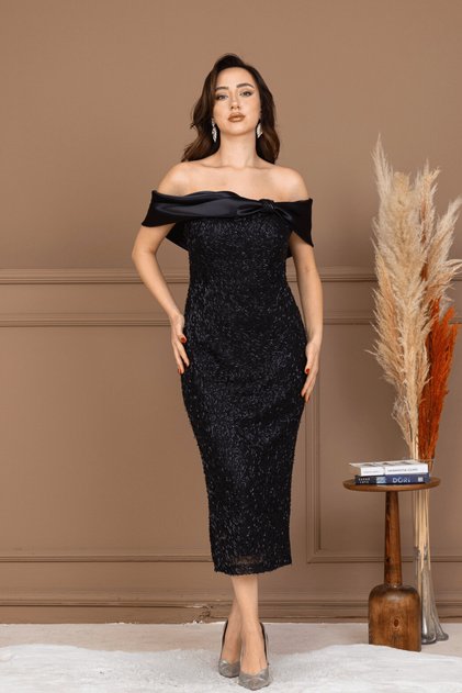 Sequin Satin Boat Neck Pencil Long Dress - Black