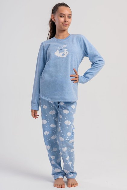 Girl's Blue Color Long Sleeve Crew Neck Pajama Set C9T8N0305