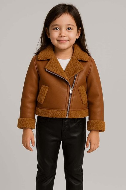 Girl's Brown Jacket with Plush Detail on the Sleeves and Collar Mock Neck Sweater Leather Bottom Top Set