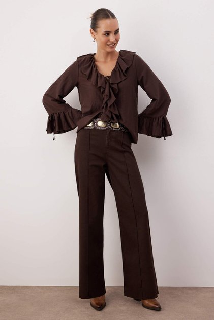 Brown High Waist Rib Detailed Leg Cut Comfort/Flexible Wide Leg Jeans Twoss25Je00310