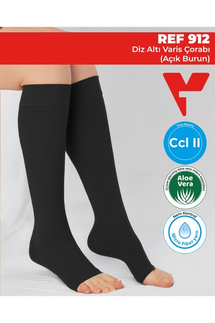 REF 912 Diz Altı Kompresyon Çorabı (Açık Burun) Medikal Destek (Açık Burun) / Diz Altı Çorap Siyah