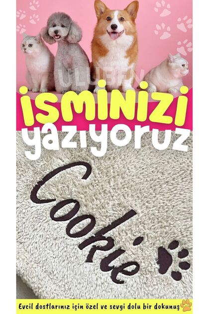 İsimli Kişiye İsme Özel Nakış İşlemeli Kum Beji Kedi Köpek Battaniyesi Yıkanabilir Premium Peluş