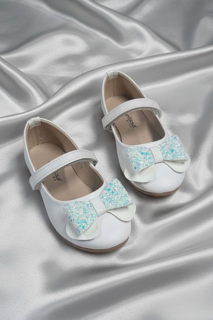 White Glitter Bow Evening Dress and Casual Girls' Ballerina Shoes