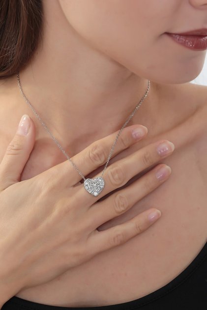 Women's Heart Necklace with Steel Chain - Silver Color - (with Surprise Gift)