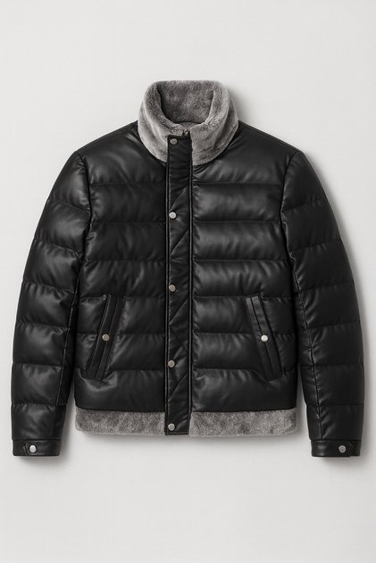 Gustav Men's Coat with Fur Collar, Snap Fasteners and Zipper - Black