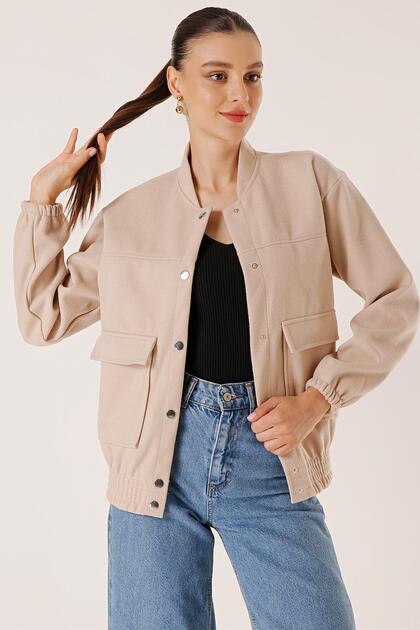 Elastic Waist Pocketed Melton Bomber Jacket