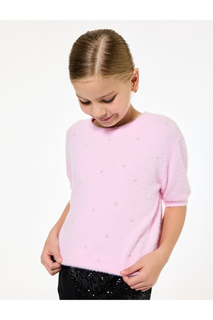 Pearl Bead Detail Short Sleeve Crew Neck Knitwear Sweater
