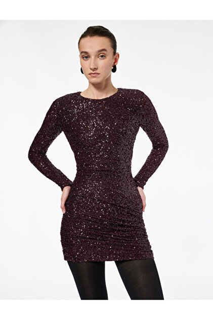 Long Sleeve Crew Neck Draped Sequined Mini Evening Dress with Back Window Detail