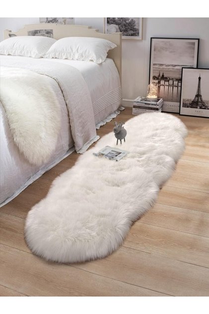 Kuzu Post Peluş Premium Yumuşacık Tüylü Halı Beyaz Çift Kafa