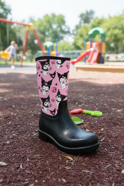 Kuromi Printed Waterproof Pink Black Girls' Rain Boots