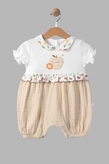 Organic Cotton Baby Collar Apple Embroidered Six Muslin Short Sleeve Baby Girl Jumpsuit 0-3/3-6/6-9/9-12 months old