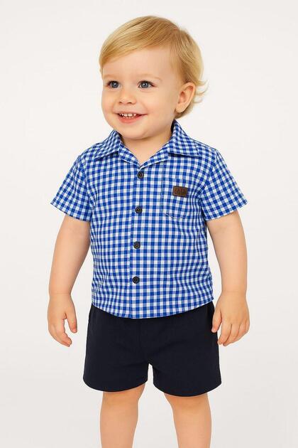 Boy's summer short sleeve shirt with pitikari pattern and satin shorts 2-piece set festive set (full pattern)
