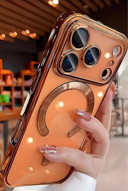 iPhone 17 Pro Kılıf Kamera Lens Korumalı Magsafe Şarj Kilifi Şeffaf Renkli Yumuşak Kapak Turuncu