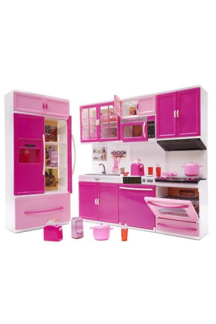 Mobilier de bucatarie interactiv pentru papusi, 4 segmente, iluminare led, plastic, roz