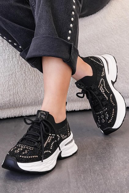Emilia Imported Special Series Stone Detail Knitwear Women's Sports Shoes Black