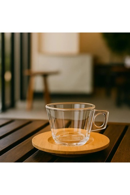 Glass Coffee And Espresso Cup Set With Wooden Saucers, Consisting Of 6 Tea Cups 6 Wooden Saucers