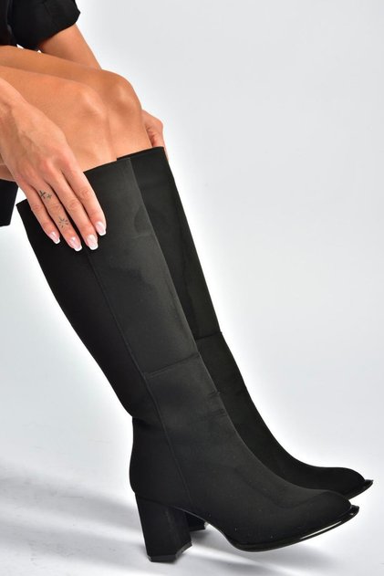 V590179602 black suede thick heeled classic women's boots