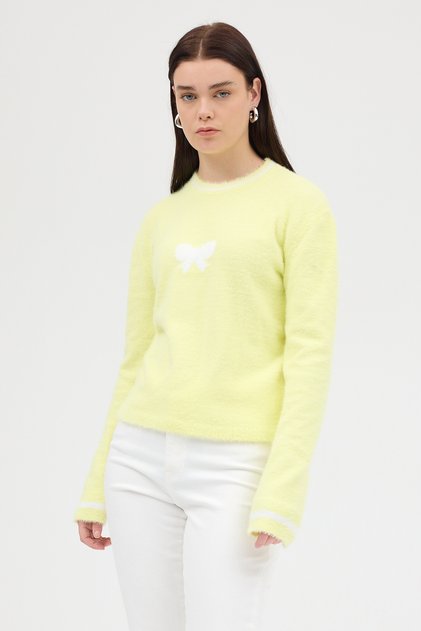 Yellow Crew Neck Ribbon Detailed Women's Sweater 2359