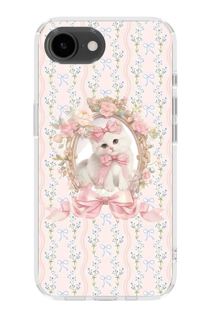 iPhone 17E Compatible Pink Bow Cat Patterned Transparent Phone Case