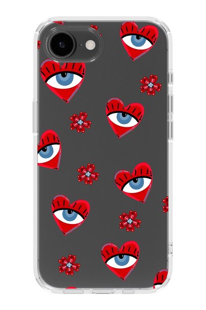 iPhone 17E Compatible Heart Evil Eye Patterned Transparent Phone Case