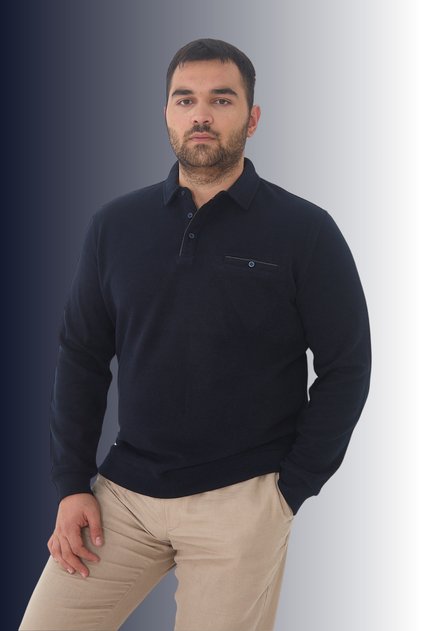 Erkek Cepli Kışlık Geniş Düz Lacivert Battal Polo Yaka T-shirt