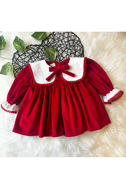 white christmas dresses Sophie & Lucas Baby Girls Velvet Christmas Bubble with White Petal Collar main image 0