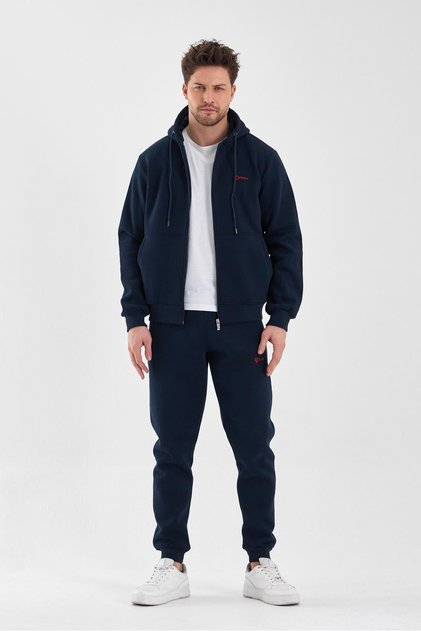 Men's Three Thread K Hooded Zipper Closure Pockets Elastic Leg Open Navy Blue Red Tracksuit Set -