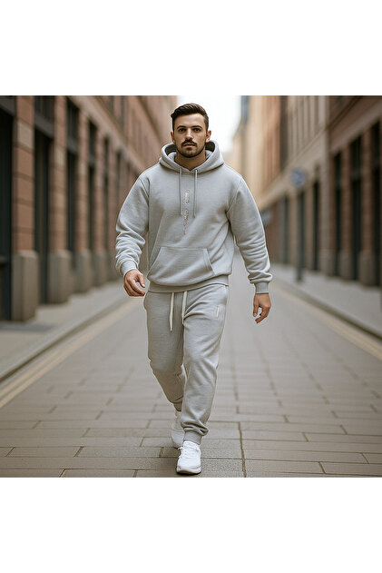 Men's Vertical Print 3 Thread Hooded Oversize Tracksuit Set