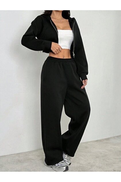 DEZZİİ Siyah Crop Sweat Hırka Ve Baggy Bol Paça Eşofman Takımı