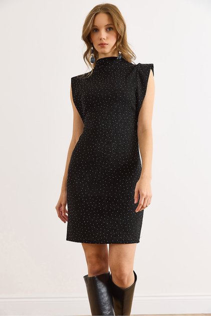 Women's Black Sequined Underarm Piece Mini Stylish Dress Elb-19002551