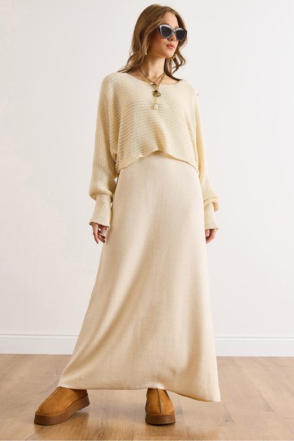 Women's Ecru Sweater Dress Knitwear Set Tkm-19000453