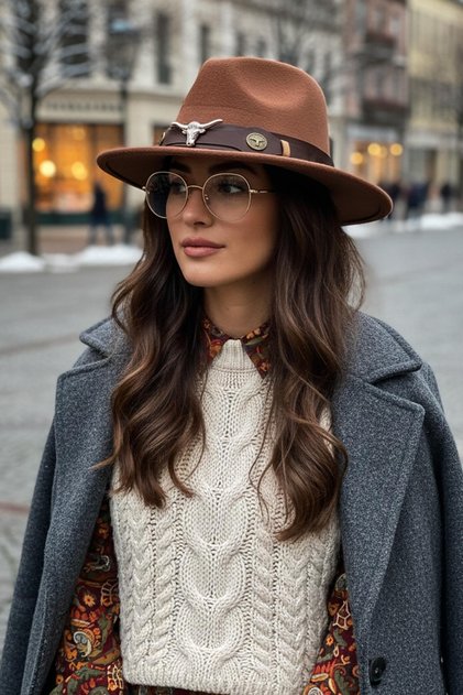 Camel Fedora Hat with Leather Stripe and Bull Figure