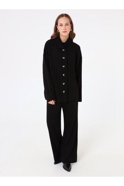 Bone Button Collar Detailed Cardigan & Pants Knitwear Set - Black -