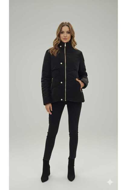 Women's Short Nova Fabric Lining Zippered Inflatable Coat with Hat