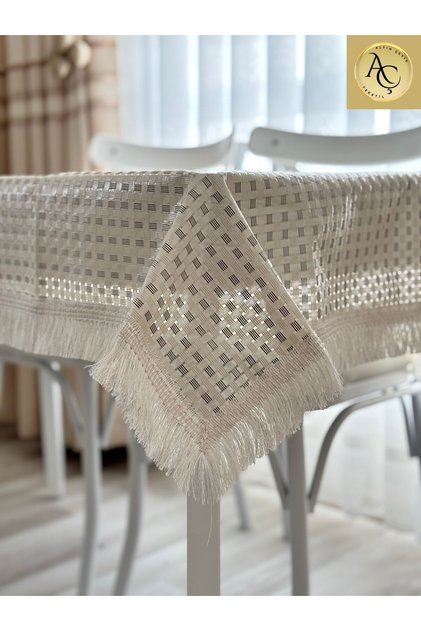 - Tablecloth Seamless Fabric - Cream & Gray Square Pattern – Tasseled – Stain Resistant