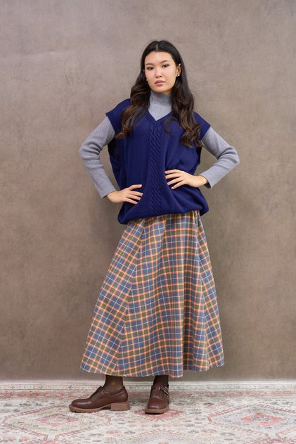 Orange Flared Four-Piece Plaid Skirt