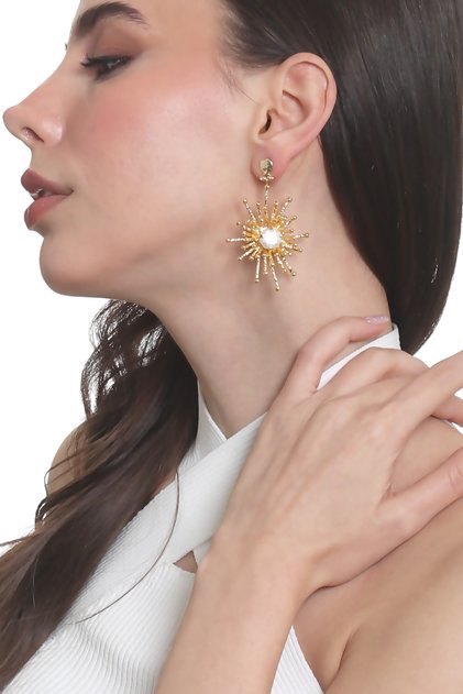 Women's Gold Color Plated Detailed Studded Model Large Sun Earrings