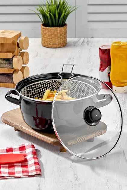 Emaye Cips Kızartma Tenceresi 24 cm Siyah Fritöz Telli