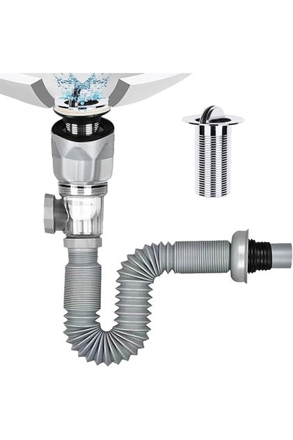 Bathroom Sink Drain Kit - Flexible Expandable S-Trap, Washbasin Extension Hose, Anti-Odor (Grey