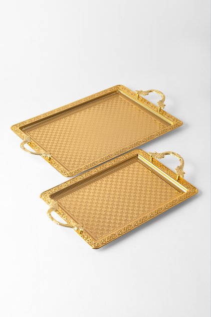 Set of 2 Stainless Steel Gold Rectangular Trays – Patterned Serving and Presentation Tray, Non-Tarnishable, Non-Fading