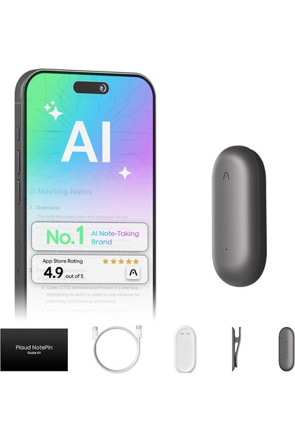 NotePin Voice Recorder — AI Notetaker, 64GB, 112 Languages, Cosmic Gray