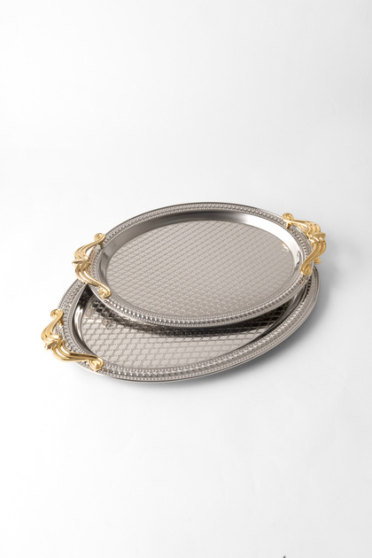 Set of 2 Stainless Steel Silver Oval Trays – Patterned Serving and Presentation Tray, Non-Tarnishing, Non-Fading