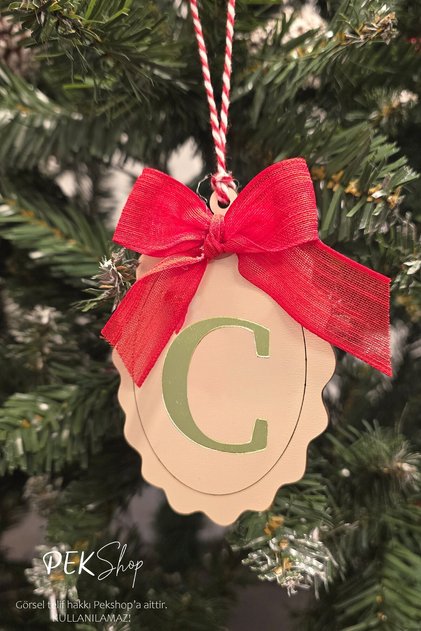 Initial Letter Bow Christmas Tree Ornament - Gold Initial Letter Red Bow Ribbon New Year Ornament