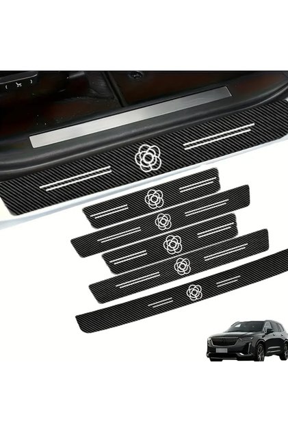 5 Piece Camellia Patterned Carbon Fiber Car Door Step & Trunk Protector Tape Set