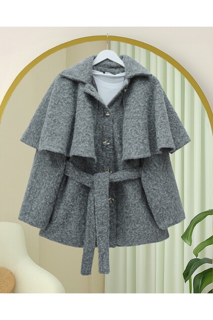 Bolero with Belted Waist and Buttoned Cashmere Cap - Gray
