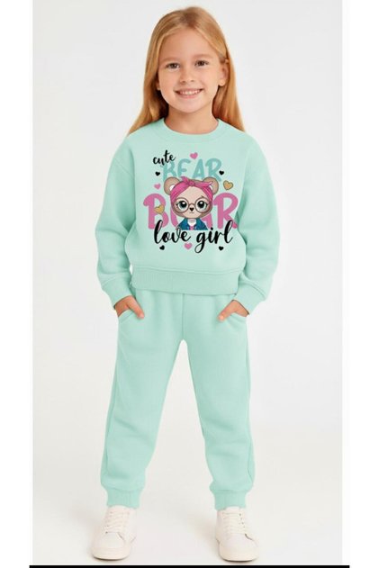 Girl's Cute Bear Printed Fleece-Lined Sweatshirt Tracksuit Set