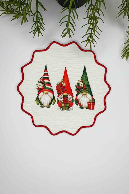 New Year Gnomes Figured Embroidery Edge Cocktail Napkin 1 Piece