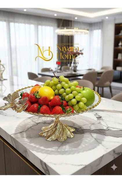 Luxury Leaf Detailed 30cm Glass & Metal Legged Fruit Bowl / Serving Bowl
